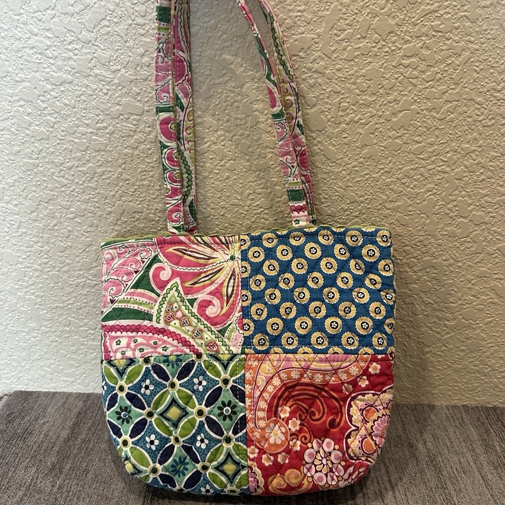 Vera Bradley Retired Lil Patchwork Tote Bag Pink Blue Green 9" X 10" Shoulder